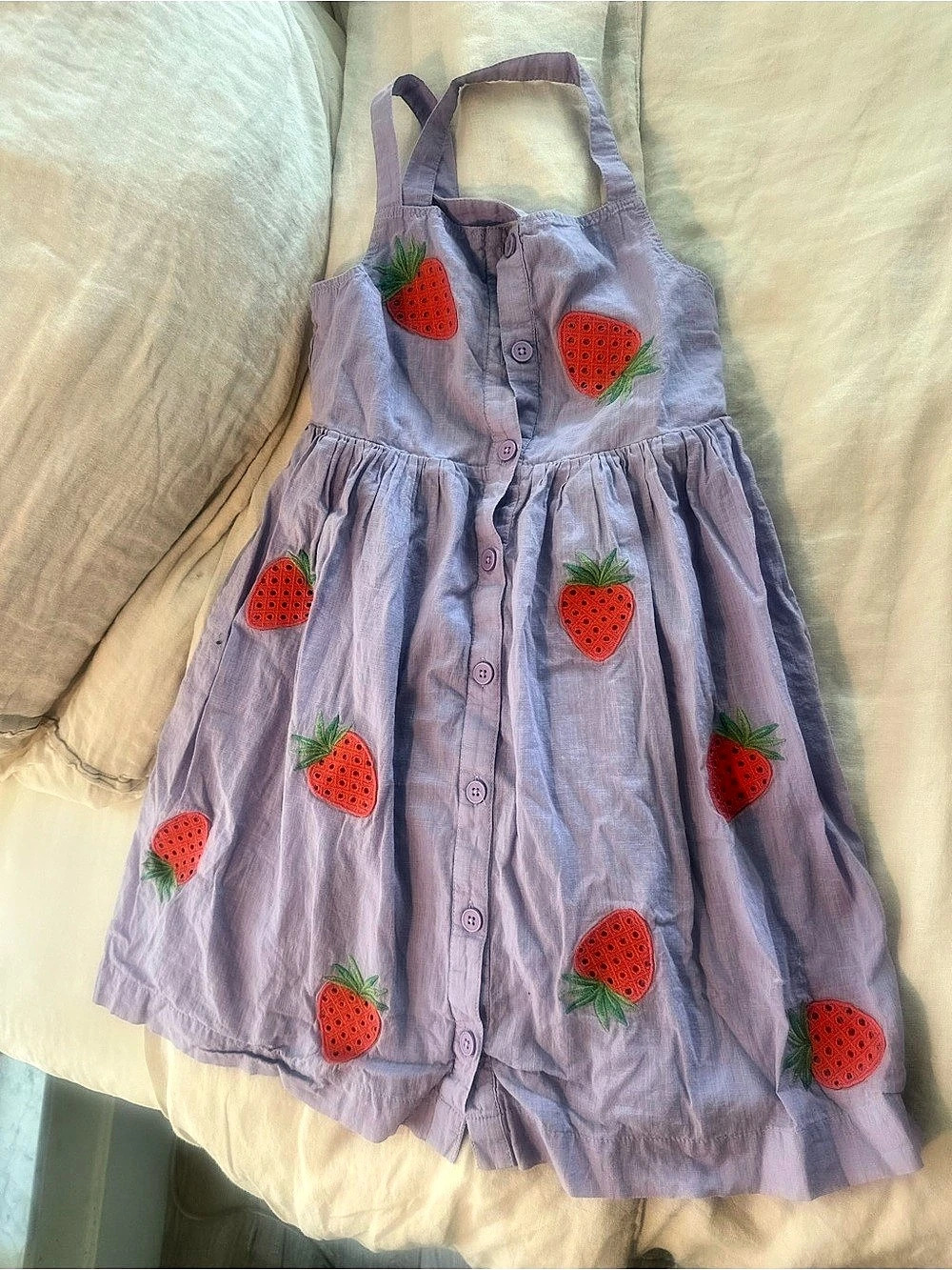 Mini Boden Girls Strawberry Dress Purple & Red 7-8Y